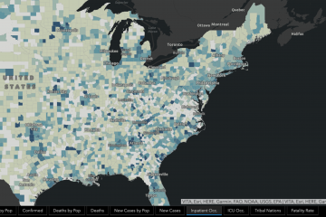 Screenshot of tracker map shows county-level data of hospital occupancy