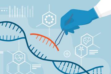 Illustration of scientists removing segments of a DNA double helix