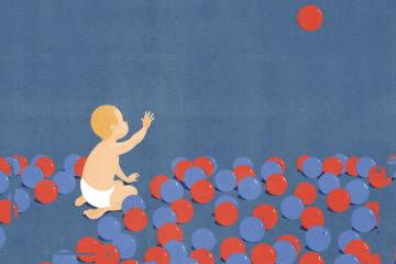 illustration of a baby looking up at a floating ball, while sitting among several red and blue balls
