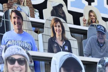Cardboard cutouts of fans in stands