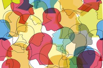 Abstract illustration showing outlines of heads of various colors floating in a space