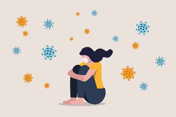 Illustration of depressed woman sitting alone with coronavirus pathogens