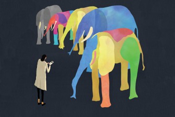 Illustration shows one gray elephant in a long line of multicolored elephant offspring with a person standing nearby looking at a device