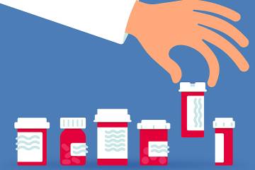 Illustration of a handing picking up a bottle of prescription drugs