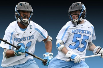 Two Hopkins lacrosse players on black-to-blue gradient background
