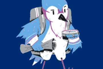 Illustration of a Hopkins Blue Jay with a backpack, compass, and map