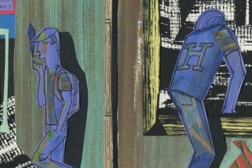 Illustration of a man crawling out a window