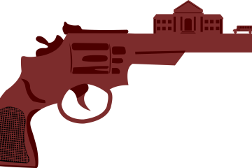 A dark red illustration of a gun with a school building and bus