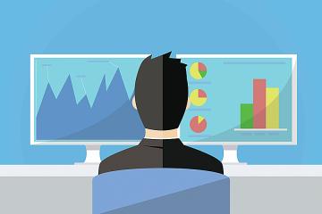 Illustration of a seated man staring at a computer screen