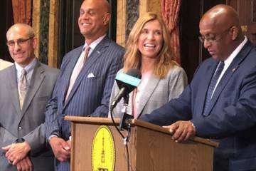 ohns Hopkins Hospital president Redonda Miller was one of several hospital leaders and city officials, including Baltimore City Mayor Jack Young (right), who spoke at a July 2 press conference to announce the collaboration.