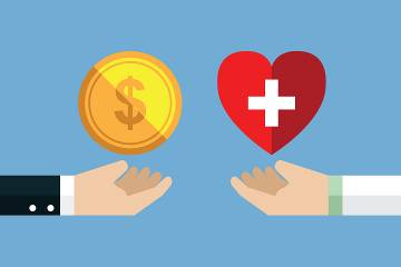 Illustration shows one hand holding money and another holding a heart indicating health insurance  