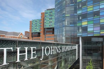 Exterior of The Johns Hopkins Hospitals colorful glass exterior and breezeway