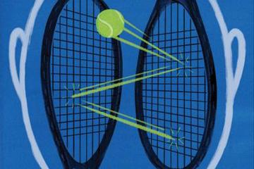 Illustration of tennis ball bouncing between two racquet heads