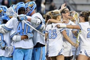 Composite image of men's and women's lacrosse teams celebrating in previous seasons before the pandemic began