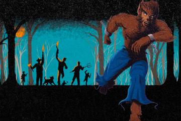 Illustration: Werewolf runs from angry mob of people with torches