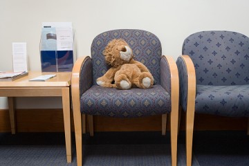 A stuffed lion in a doctor's office waiting room