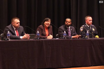 Panelists for the Future of Policing in America, from left: Linda Sarsour, Mark Puente, Margaret Huang, Nick Mosby, and Kevin Davis.