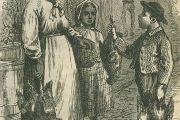 An historical etching showing a woman vendor with basket, holding a chicken