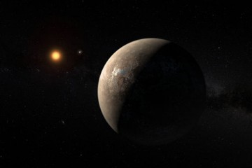 a brown planet is in the foreground and a dim orange star is in the background of this artist's rendering of Proxima Centauri b