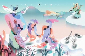 Psychedelic-style illustration shows drippy bodies made of different colors in a barren landscape