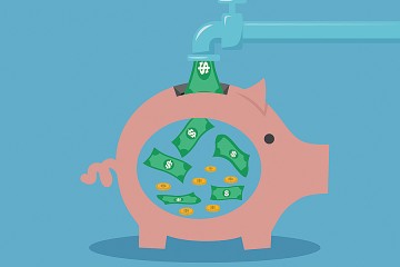 Illustration shows money flowing out of a faucet and into a piggy bank