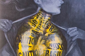 Painting of woman wrapped in yellow caution tape