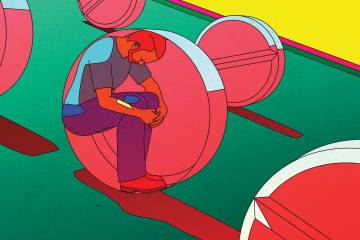 Illustration of a man trapped in a pill rolling downhill