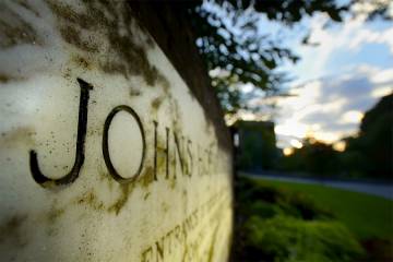 Close-up of the Johns Hopkins University sign 