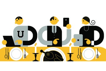 Stylized illustration of family shopping on electronic devices at the Thanksgiving dinner table