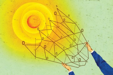 Illustration shows a hot sun in a green/blue sky, and the two hands holding an abstract diagram of a paint-by-numbers-shape