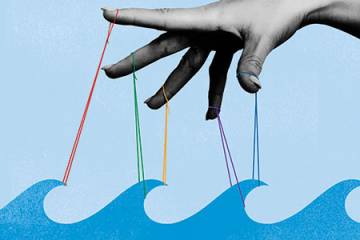 illustration depicting puppet strings pulling on ocean waves