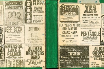 Collage of newspaper clippings includes ads for performances by Jethro Tull, Elton John, Cheech and Chong, Jeff Beck, Alice Cooper, many others
