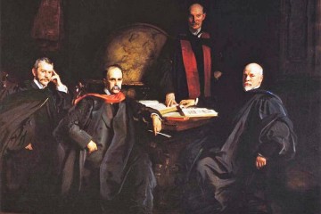 Oil painting depicts four men in robes and stoles
