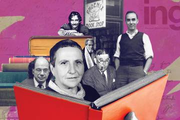 Collage of photos of Gertrude Stein, Robert Wilson, and others