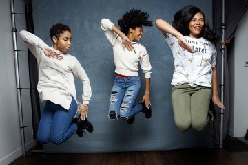 Tayla Solomon, Cori Grainger, and Blessin Giraldo jump in unison in 'Step' promo photo