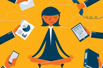 Illustration of woman meditating while work items are being thrust at her