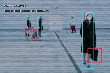 Security camera image with blue and red boxes overlaying people and bags