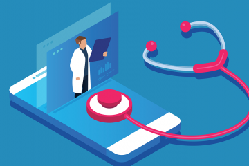 Illustration of a doctor and stethoscope emerging from a cell phone
