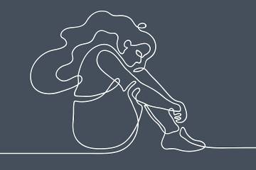 Continuous line drawing on gloomy gray background of depressed young woman sitting on floor. Drawing appears to be a string that can unravel.