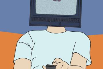 Illustration of person holding a remote control with a television as a head