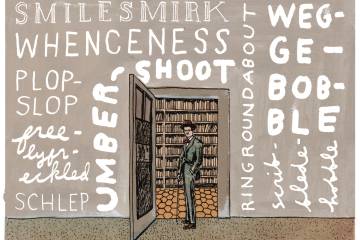 Illustration of James Joyce standing in the doorway of a bookstore