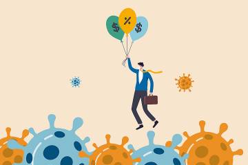 Illustration of man holding balloons with money symbols flying over the coronavirus