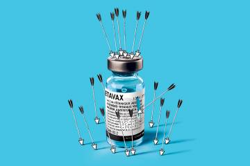 Illustration of a vaccine bottle attacked by mouse cursors