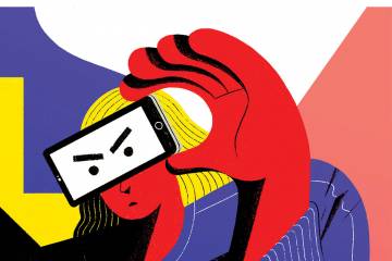 illustration of a woman looking through the lens of her cellphone