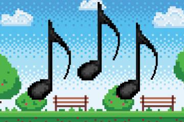 Pixelated music notes on a video game background