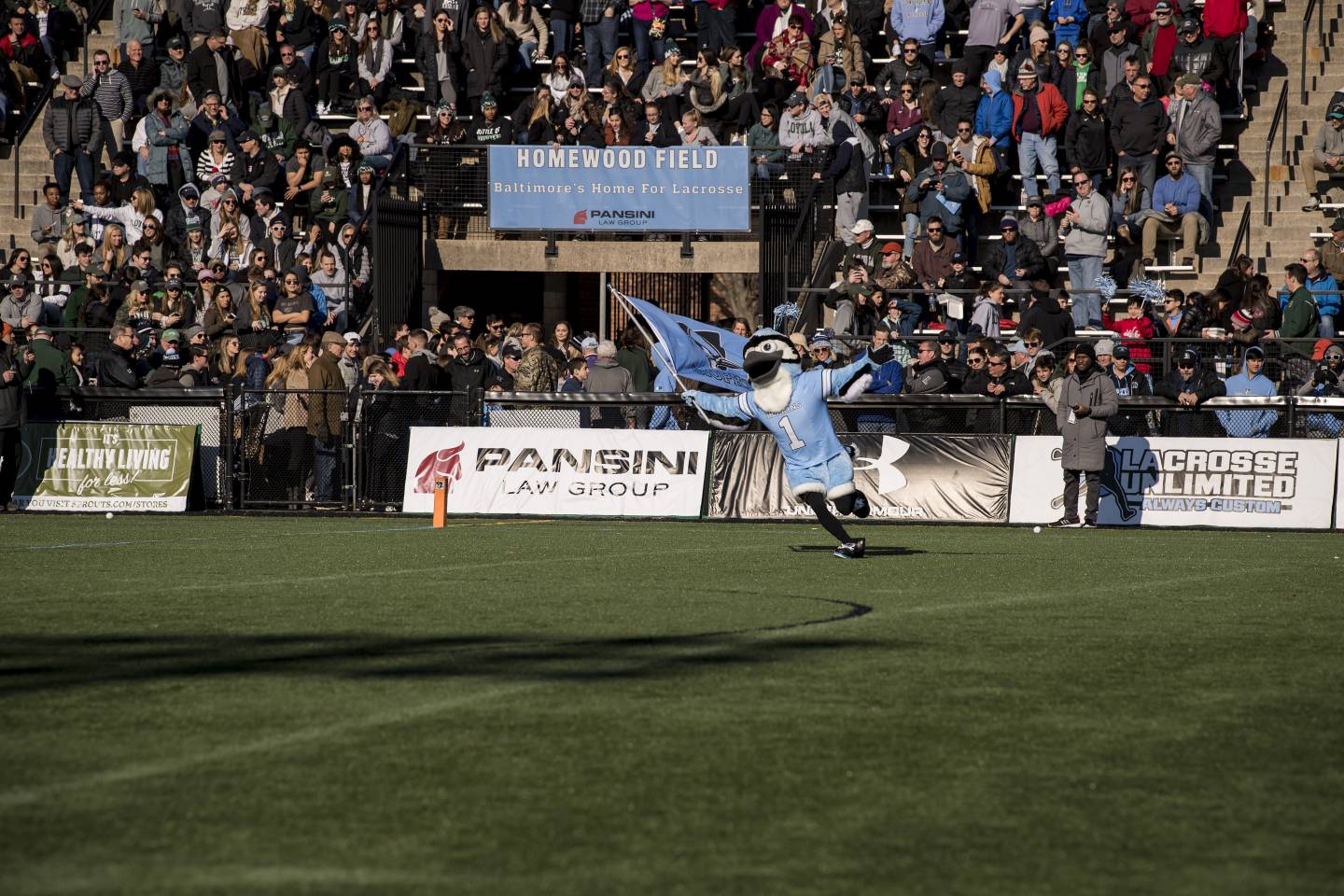 New Blue Jay mascot runs across lacrosse field with a Hopkins flag