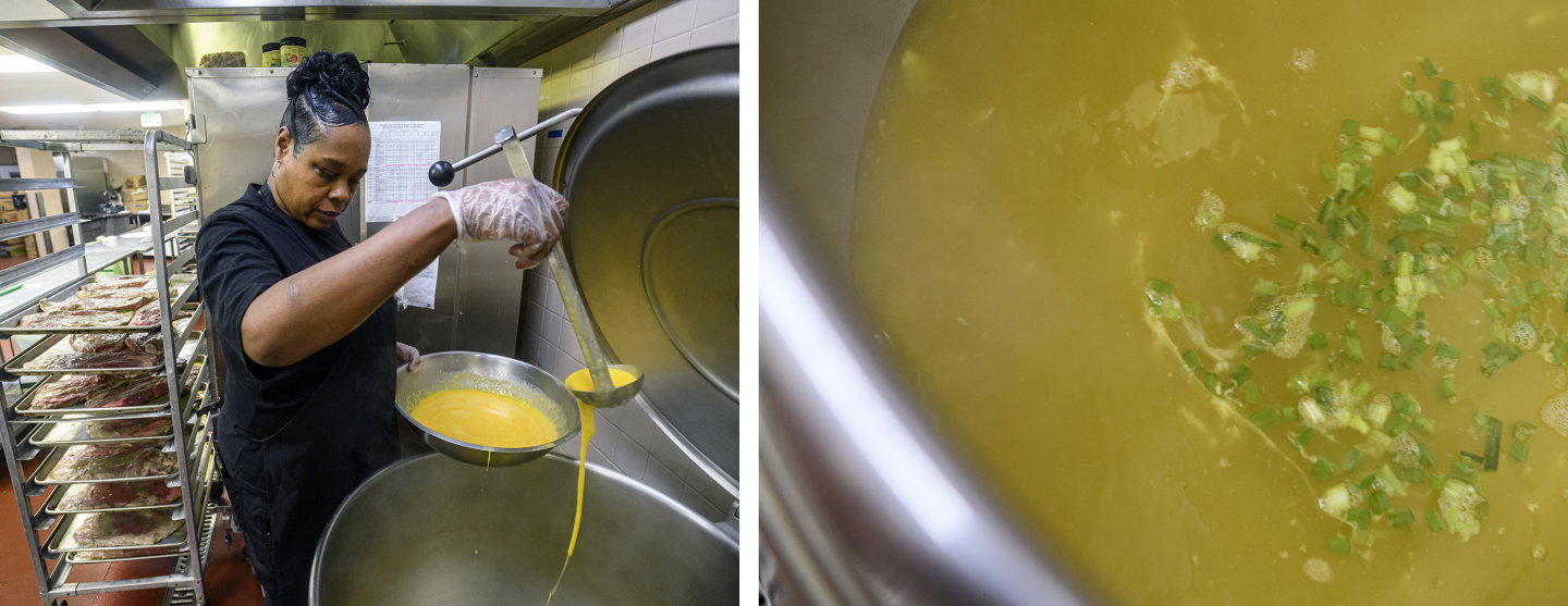 A composite image of a woman dropping an egg batter into soup and the soup