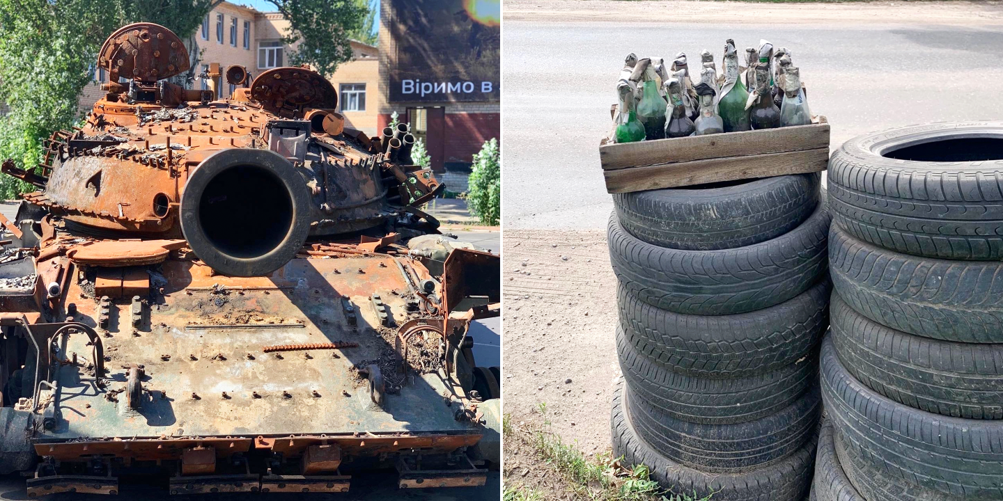 Composite images: Left, a tank lays abandoned in Ukraine; right, a box of Molotov cocktails rests of a stack of tires beside the road