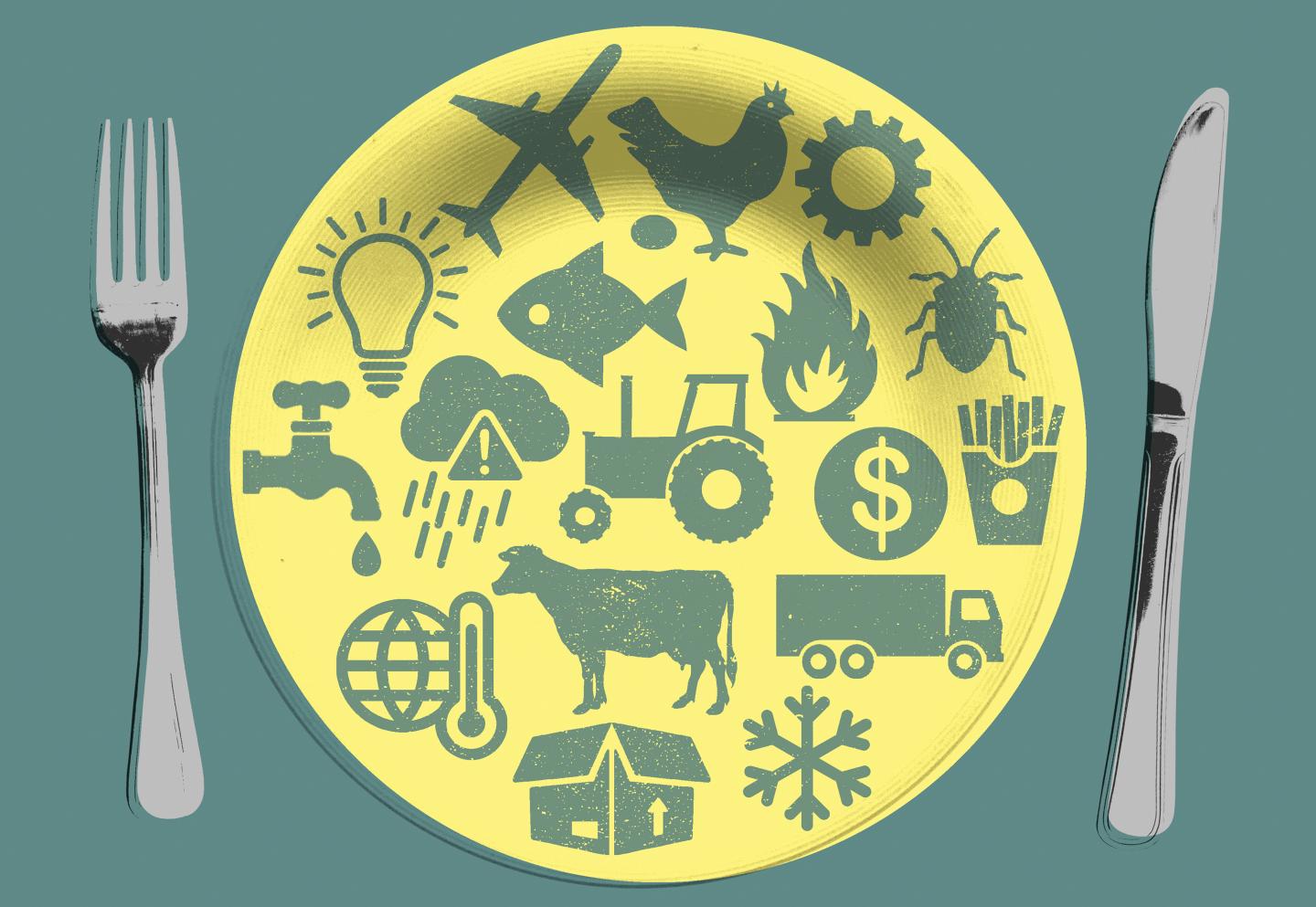 An illustration of a yellow plate with green farm images