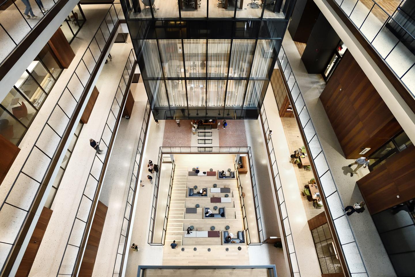 A view from above a large, multi-level atrium